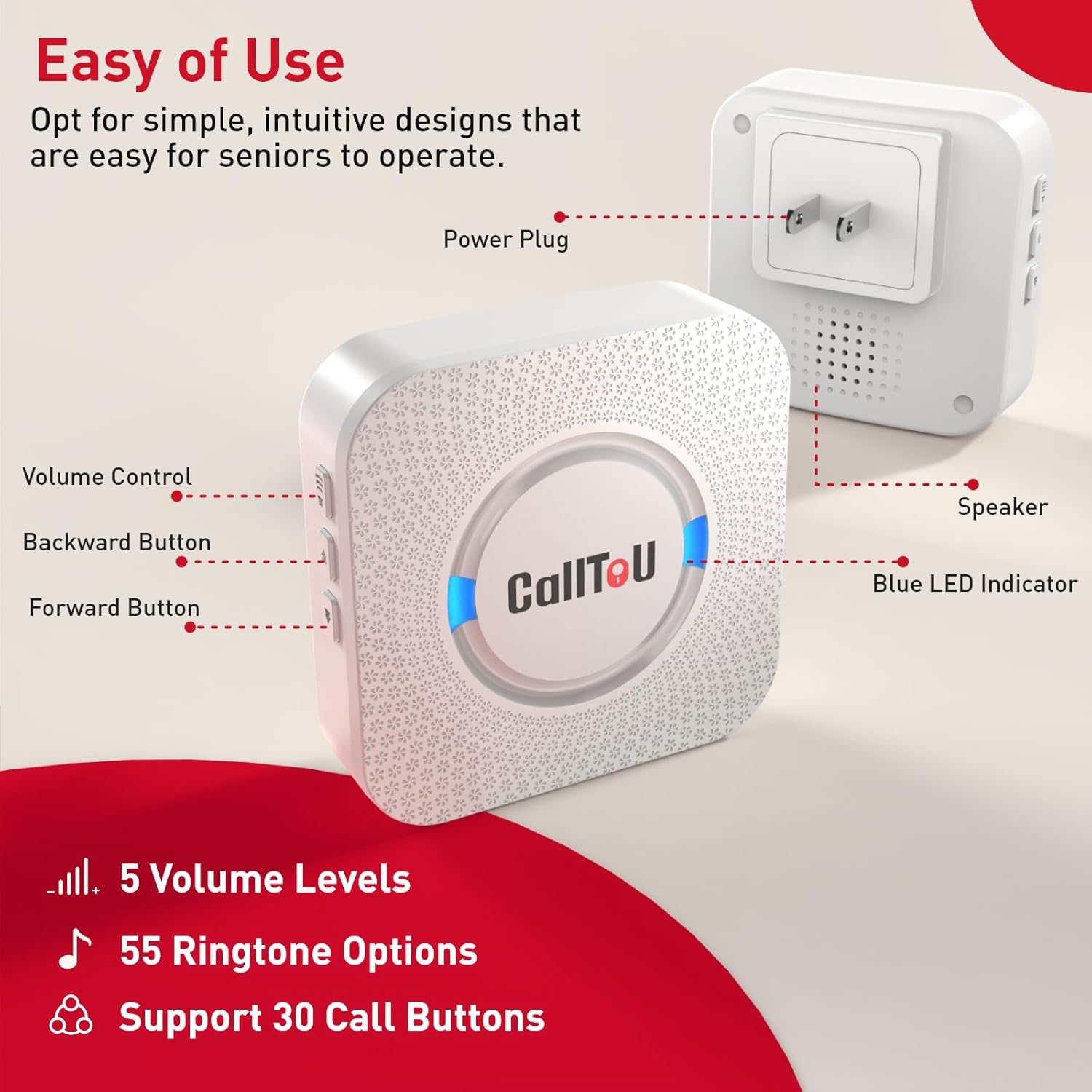 CallToU Caregiver Pager Elderly Alert Call Button for Seniors Smart Patient Call Bell Wireless Emergency Button System Adult Monitors at Home 3 Plugin Receivers 3 Waterproof Portable Transmitters