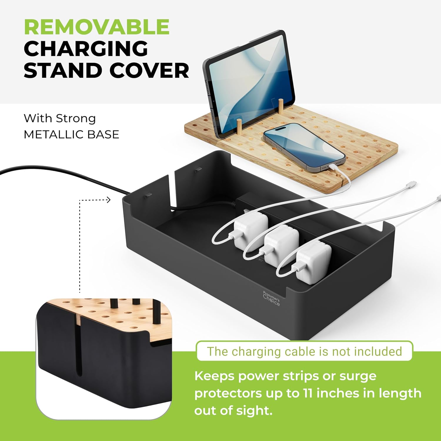 Prosumer's Choice Black Wooden Charging Station Organizer for Multiple Devices - Cable Management Box with 5 Slots and Removable Dividers - Charger Organizer for Phone, Tablet, Home, Office, 12"x6"x7"