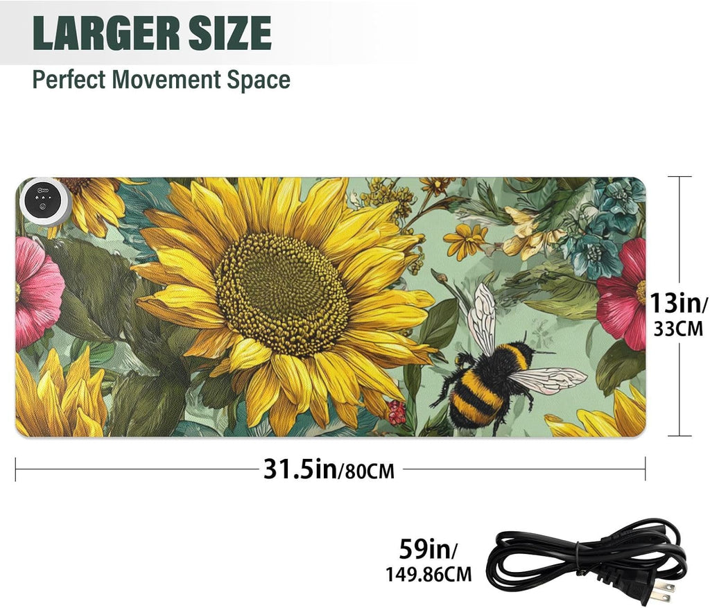 Heated Desk Pad Mouse Pad 31.5x13 Inch PU Leather Desk Mat with 3 Heat Levels Large Mouse Gaming Computer Laptop Mat Bees Sunflowers Leaves Green