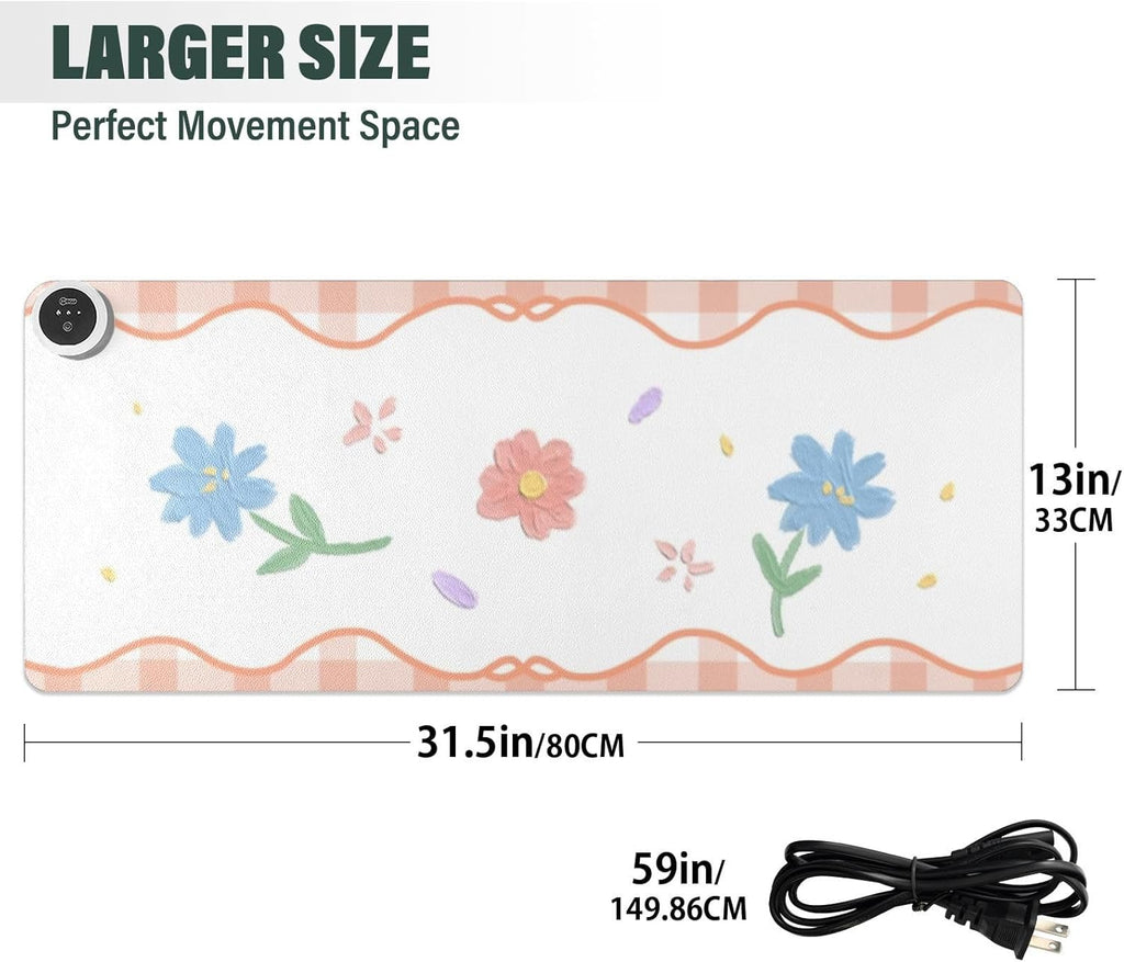 Orange Floral Plaid Heated Desk Pad Mouse Pad 31.5x13 Inch PU Leather Desk Mat with 3 Heat Levels Large Mouse Gaming Computer Laptop Mat