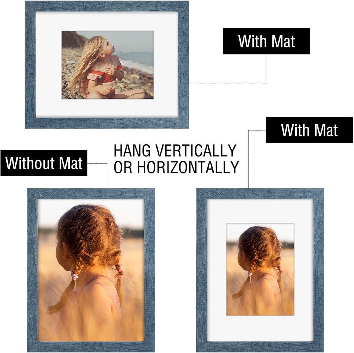 Golden State Art, 9x12 Picture Frame with Mat for 6x8 - High Definition Glass Wall Mounting Horizontal Vertical Display (Blue, 1 Pack)