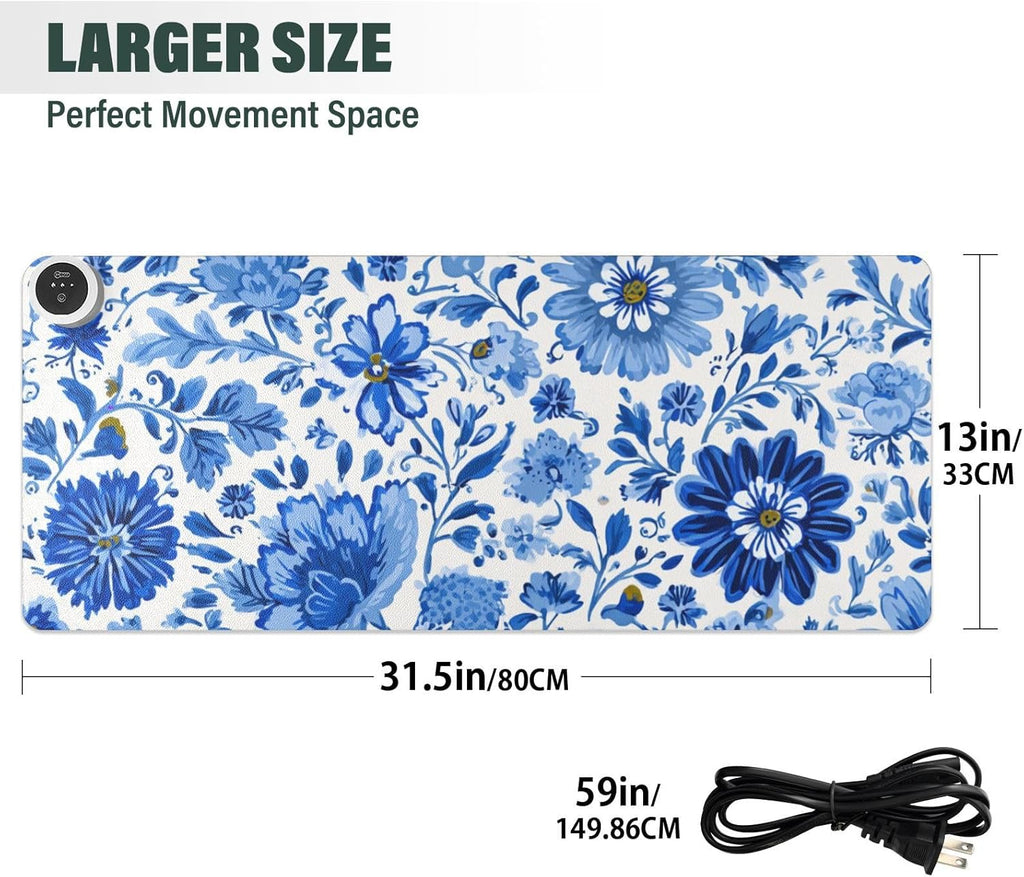Heated Desk Pad Mouse Pad 31.5x13 Inch PU Leather Desk Mat with 3 Heat Levels Large Mouse Gaming Computer Laptop Mat Flower Blue and White Daisy Leaf