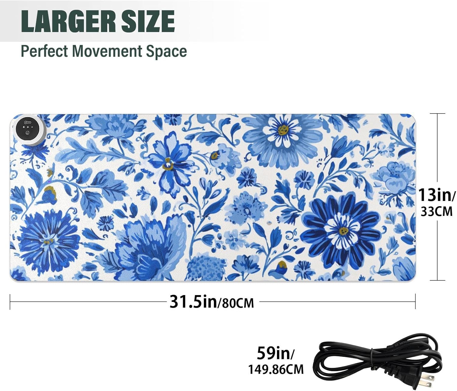 Heated Desk Pad Mouse Pad 31.5x13 Inch PU Leather Desk Mat with 3 Heat Levels Large Mouse Gaming Computer Laptop Mat Flower Blue and White Daisy Leaf