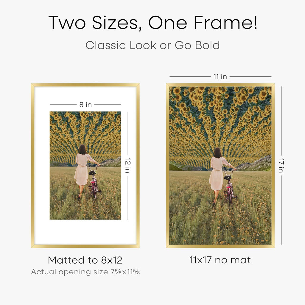 Homeforia 11x17 Picture Frame Gold, High End Metal 11x17 Poster Frames with Mat 8x12 for Photo, 11 x 17 Gold Frame Matted to 8 by 12 Print, 17x11 Thin Hanging Frame, Tempered Glass, Wall Kit, Set of 3