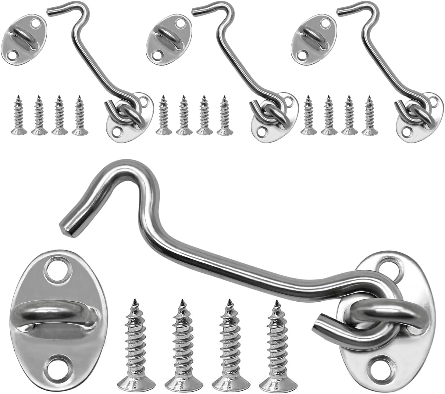 4-Pack 4Inch Door Lock Gate Latch Premium Stainless Steel Hook and Eye Gate Latch Cabin Hook with 16pcs Screws, Silver