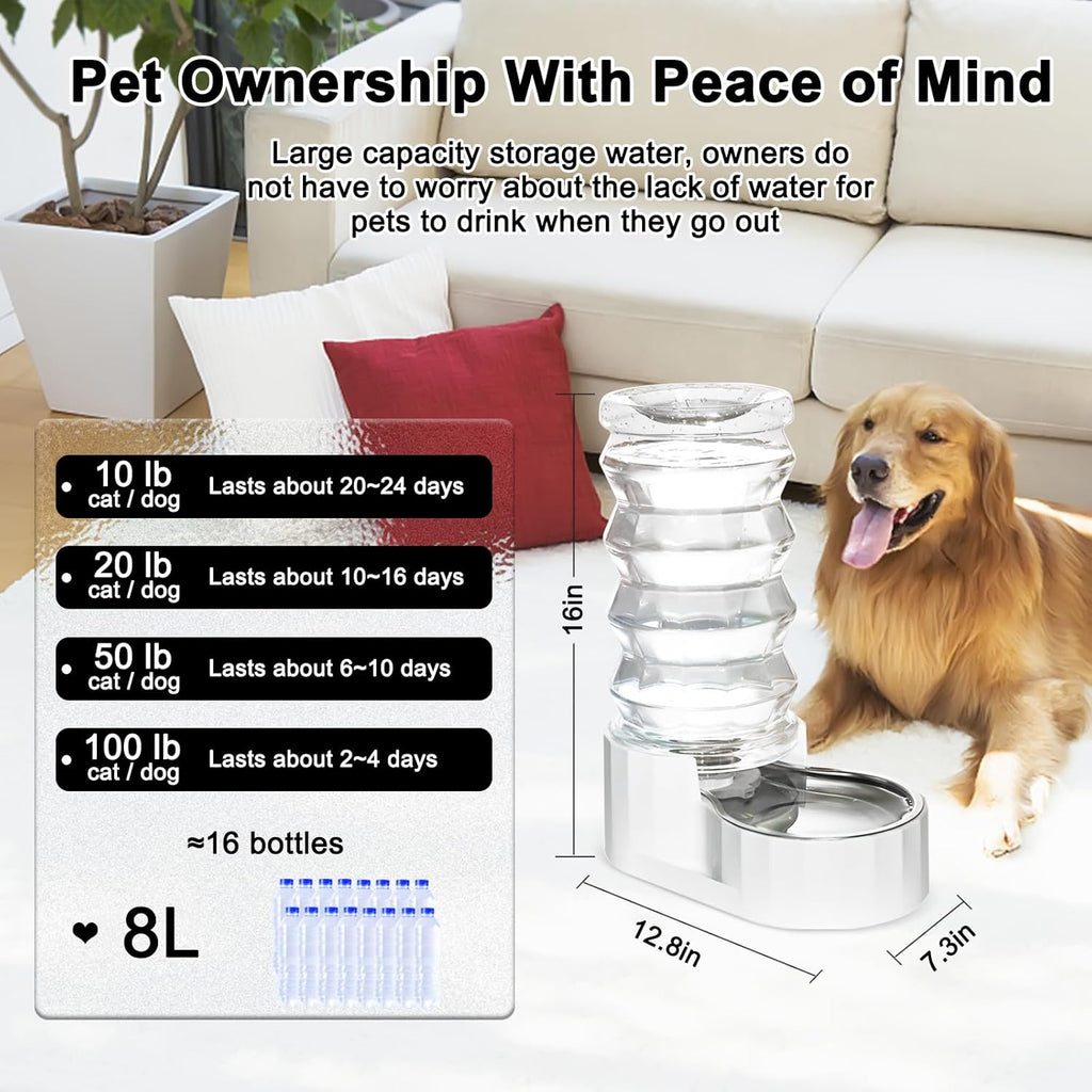 RIZZARI Large Gravity Water Dispenser: 8L Automatic Stainless Steel Dog Water Feeder with Specialized Brush and Triple Filter for Senior Pets with Spinal Problems - for Kitchen Living Room