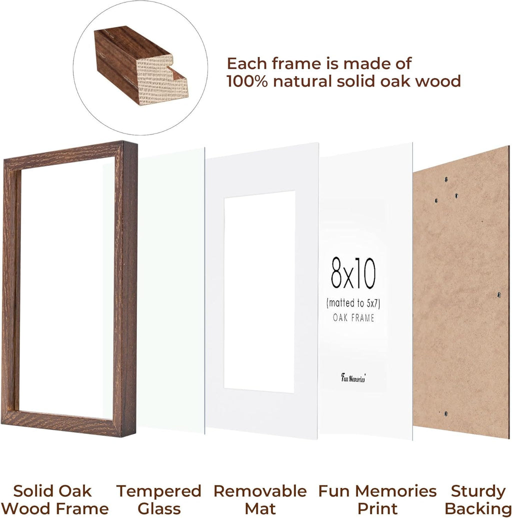 Fun Memories 8x10 Oak Wood Picture Frame Set of 3, 10 x 8 Frame Wood for Wall & Tabletop, Display 5x7 with Mat or 8 x 10 without Mat, 8x10 Natural Wood Photo Frames with Real Glass, Walnut Color