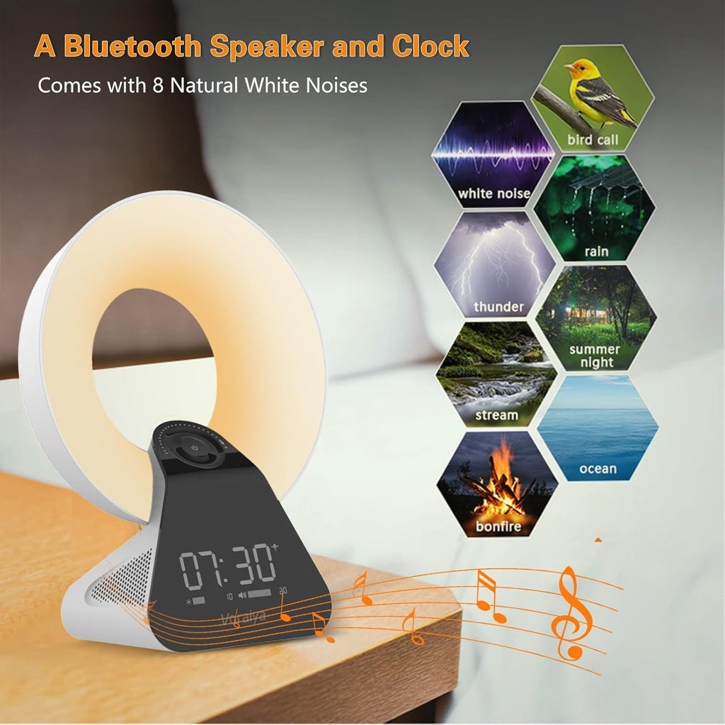 Voraiya Light Therapy Lamp 10000 Lux with Bluetooth, 8 White Noises, Dimmable Wake Up Light Sunrise Alarm Clock, 4 Timer Settings, Memory Function for Sensitive Sleepers and Home Office