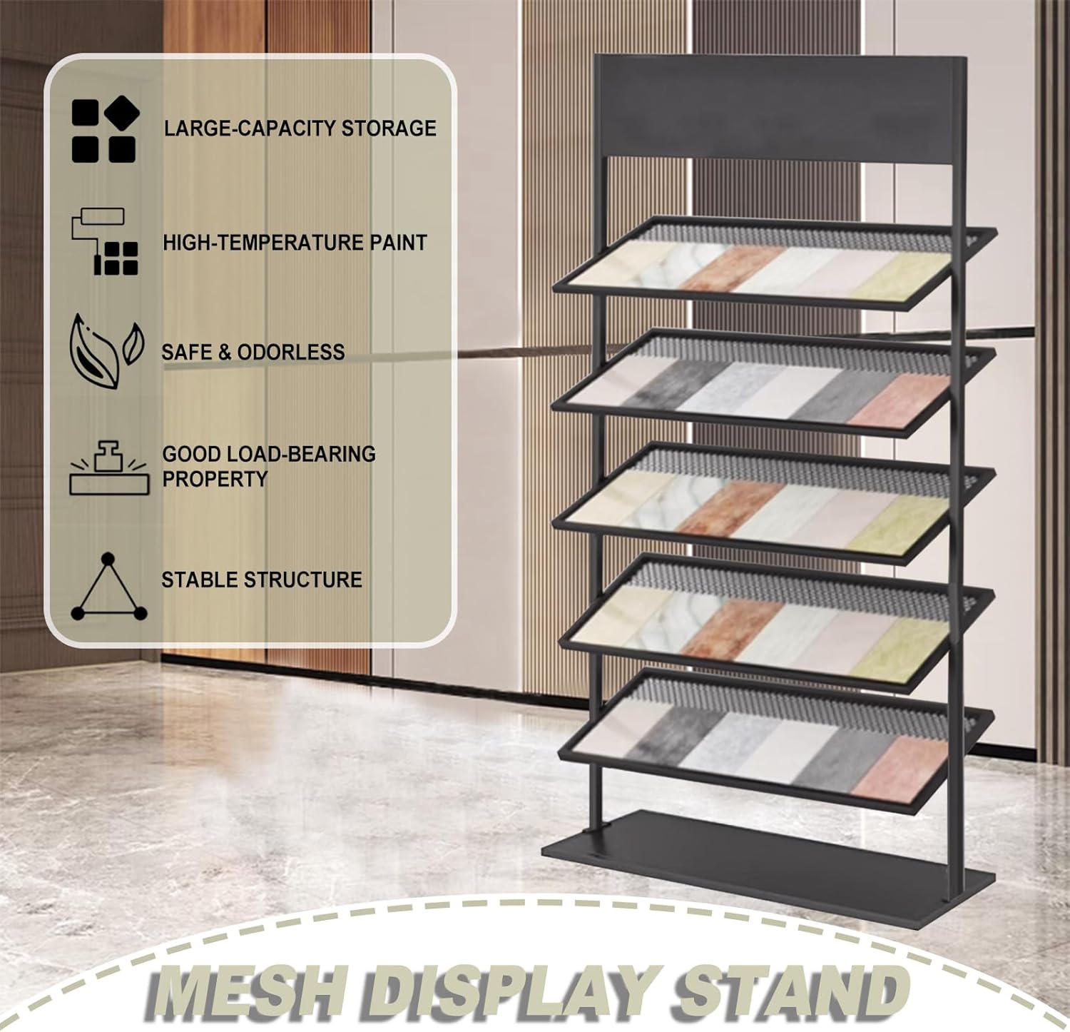 5-tier Floor Tile Display Stand, Retail Display Rack for Tile, Building Material Swatch Sample Storage Holder for Exhibition Hall Trade Show Vendor Events(Black, Height-59in)