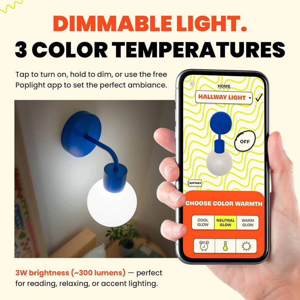 Wireless Wall Sconce (Shark Tank) Rechargeable & Dimmable LED Light w/App Control & Damage-Free Install, Moveable Modern Ambient Lighting for Elegant Home & Bedroom Decor | Blue