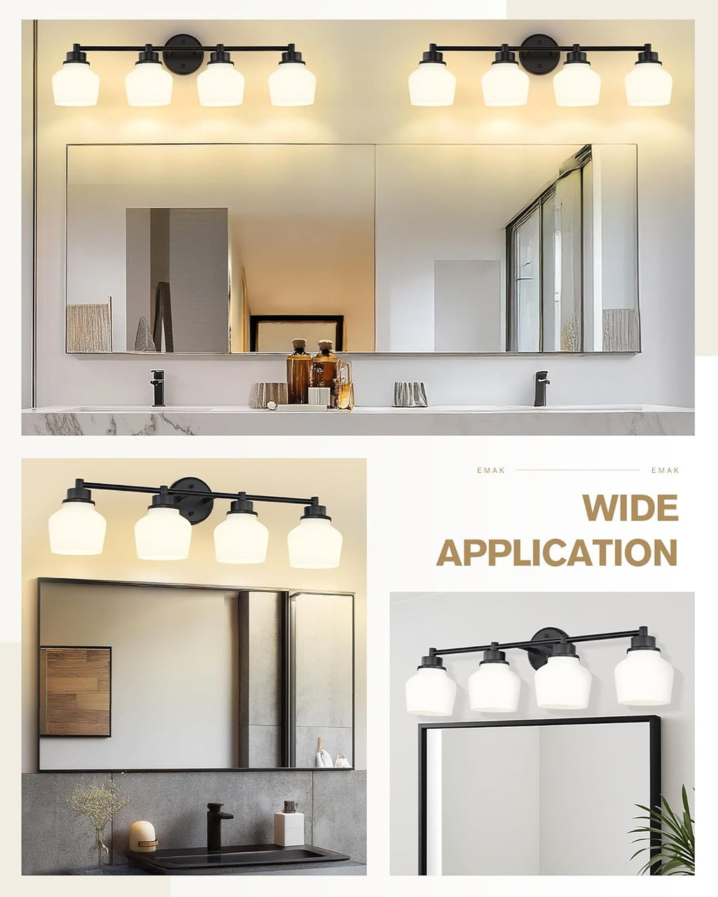Emak 29 Inch Black Vanity Light, Farmhouse Bathroom Light Fixtures Wall Sconces with Milk Glass Shade, 4-Light Vanity Lights for Bathroom, Mirror, VL122-BK-ML-4