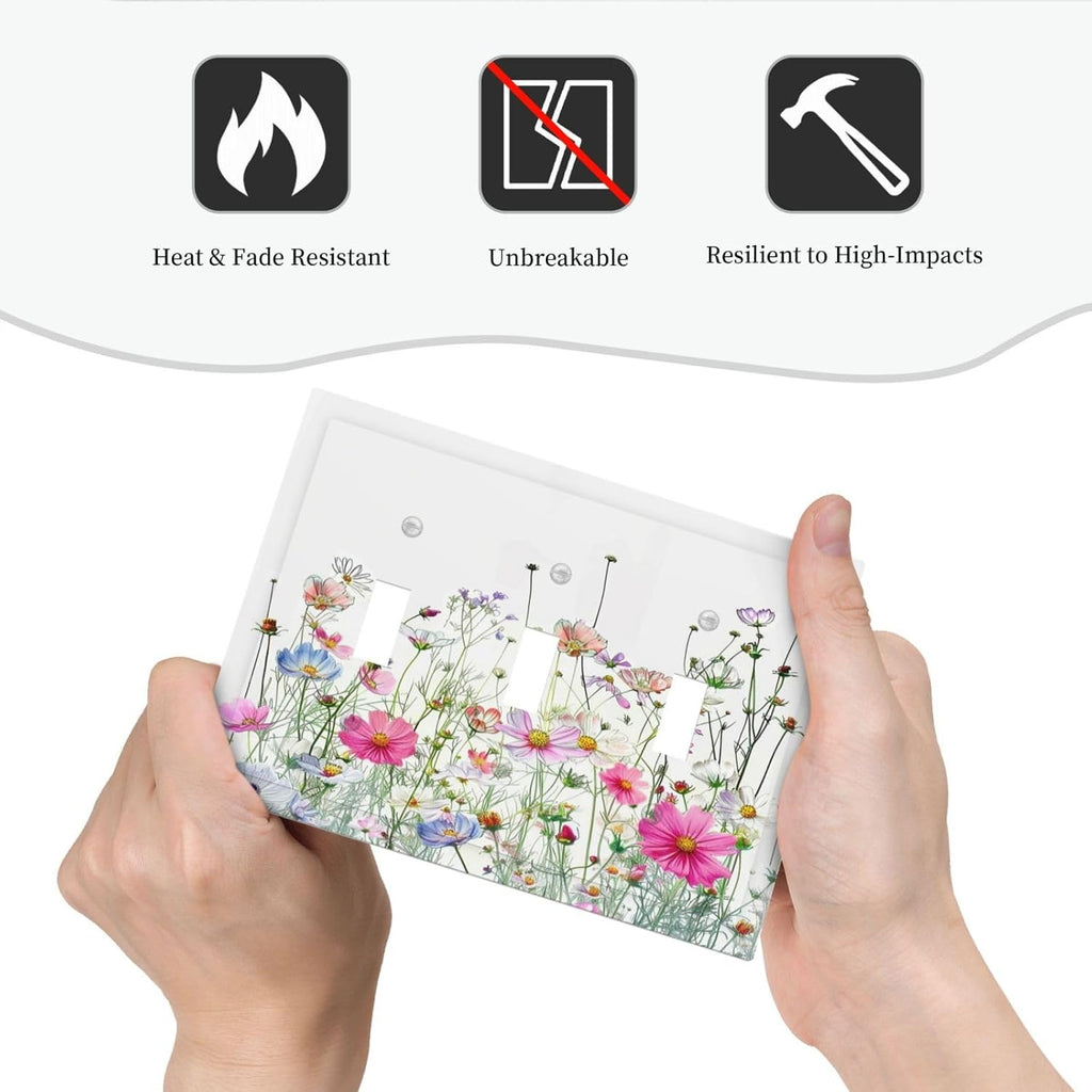 Decorative Switch Plates Boho Colorful Flowering Plant Wild Flower 3 Gang Wall Plate Triple Toggle Light Switch Cover Faceplate Electrical Wall Panels For Bed Room Living Room Decor