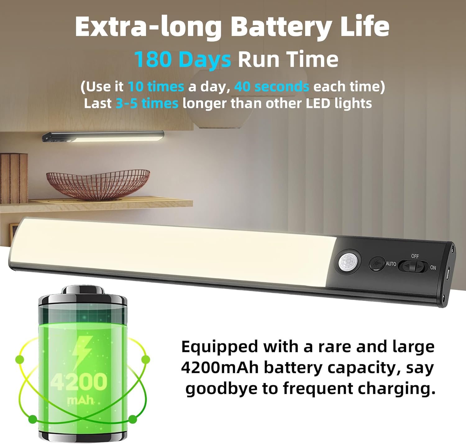 Motion Sensor Cabinet Light 4 Pack- 4200 mAh Battery Operated Rechargeable Closet Lights - Extra-Bright Under Cabinet Lights - Wireless Indoor LED Light Strip - Motion Activated Lighting