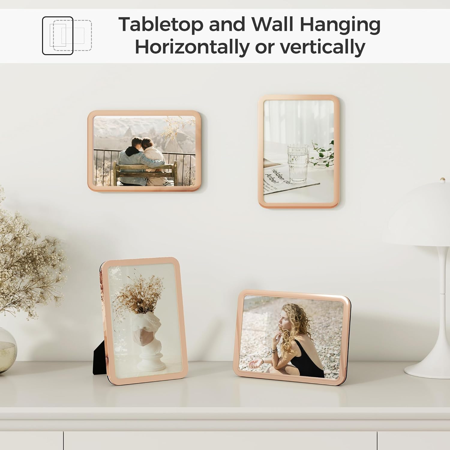 Axeman 4x6 Picture Frame-Metal Rounded Corner Frame 4x6, 4''x6''Photo Frame with Tempered Glass,Tabletop and Wall Display, One-Piece 4 By 6 Metal Picture Frame for images, Rose Gold