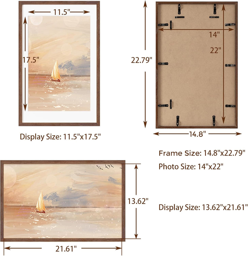 Fun Memories 14x22 Oak Wood Picture Frame, 14"x22" Picture Frame Matted to 12"x18", Photo Frame 14 x 22 with Real Glass, 14x22 Wood Frame for Vertical or Horizontal Hanging (Walnut Color, 1 Pack)