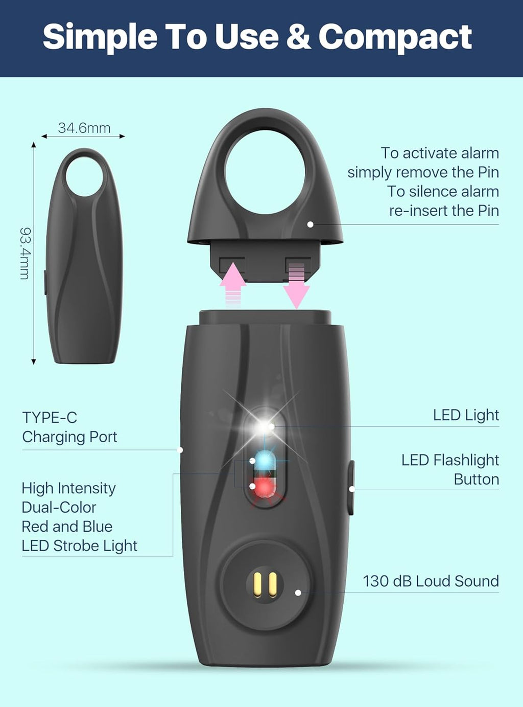 Rechargeable Personal Safety Alarm Keychain, Upgraded Dual-Color Red & Blue Strobe Light, LED Flashlight, 130dB Loud Siren, Safe Personal Alarm for Women, Kids and Elders