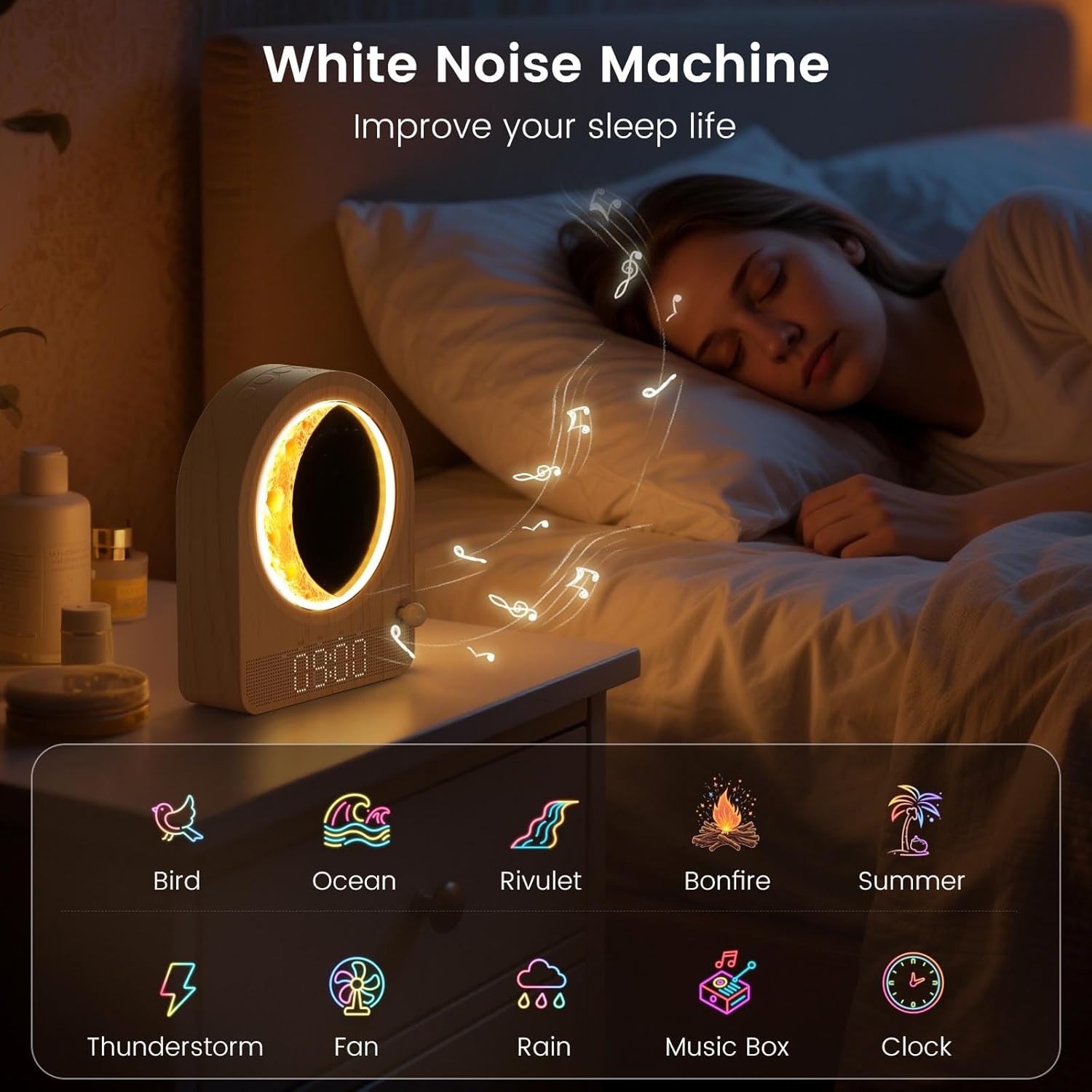 Sunrise Alarm Clock, White Noise Machine & Meteor Moonlight - 10 Soothing Sounds, Dual Alarms, 30/60/90min Timer, Easy Snooze - Bedroom Gift for Insomnia Adults/Women - Wood Grain