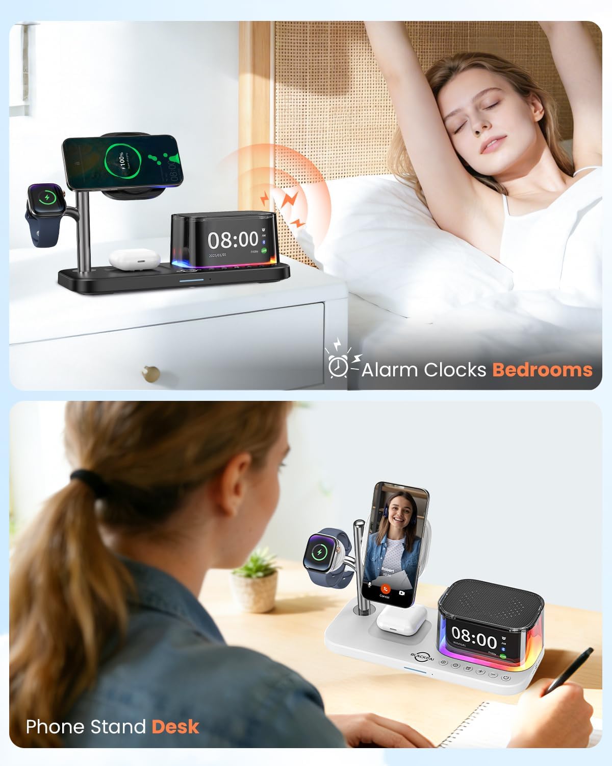 6-in-1 Wireless Charging Station for Multiple Apple Devices with Bluetooth Speakers Alarm Clock Night Light，Qi2.2 Phone Charger Stand for iPhone 17/16/15/14/13/12 Pro Max Apple Watch Airpods