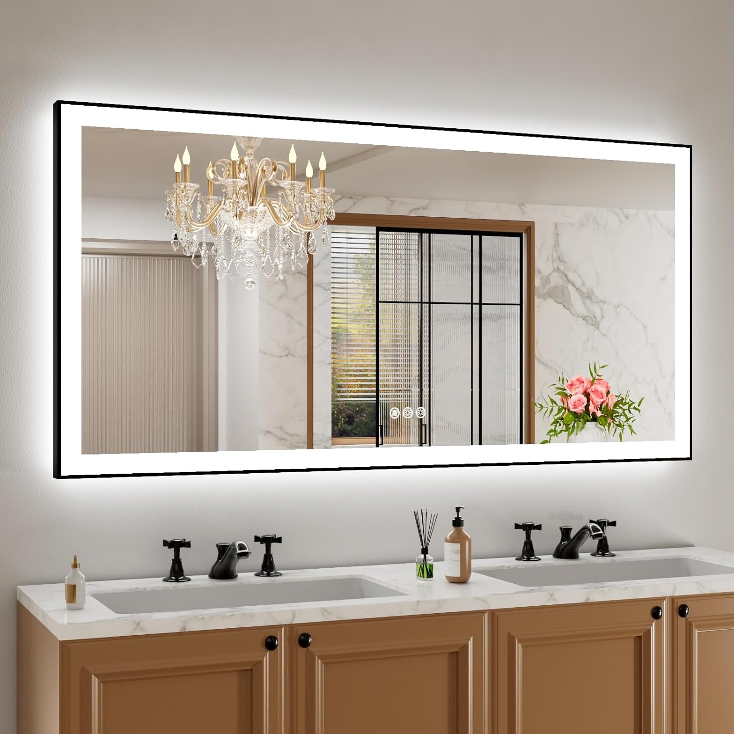 Amorho LED Bathroom Mirror, 60" X30" Front Light and Backlit(Controlled Separately), Black Frame, Stepless Dimmable, Anti-Fog, Shatter-Proof, 3 Colors, Memory