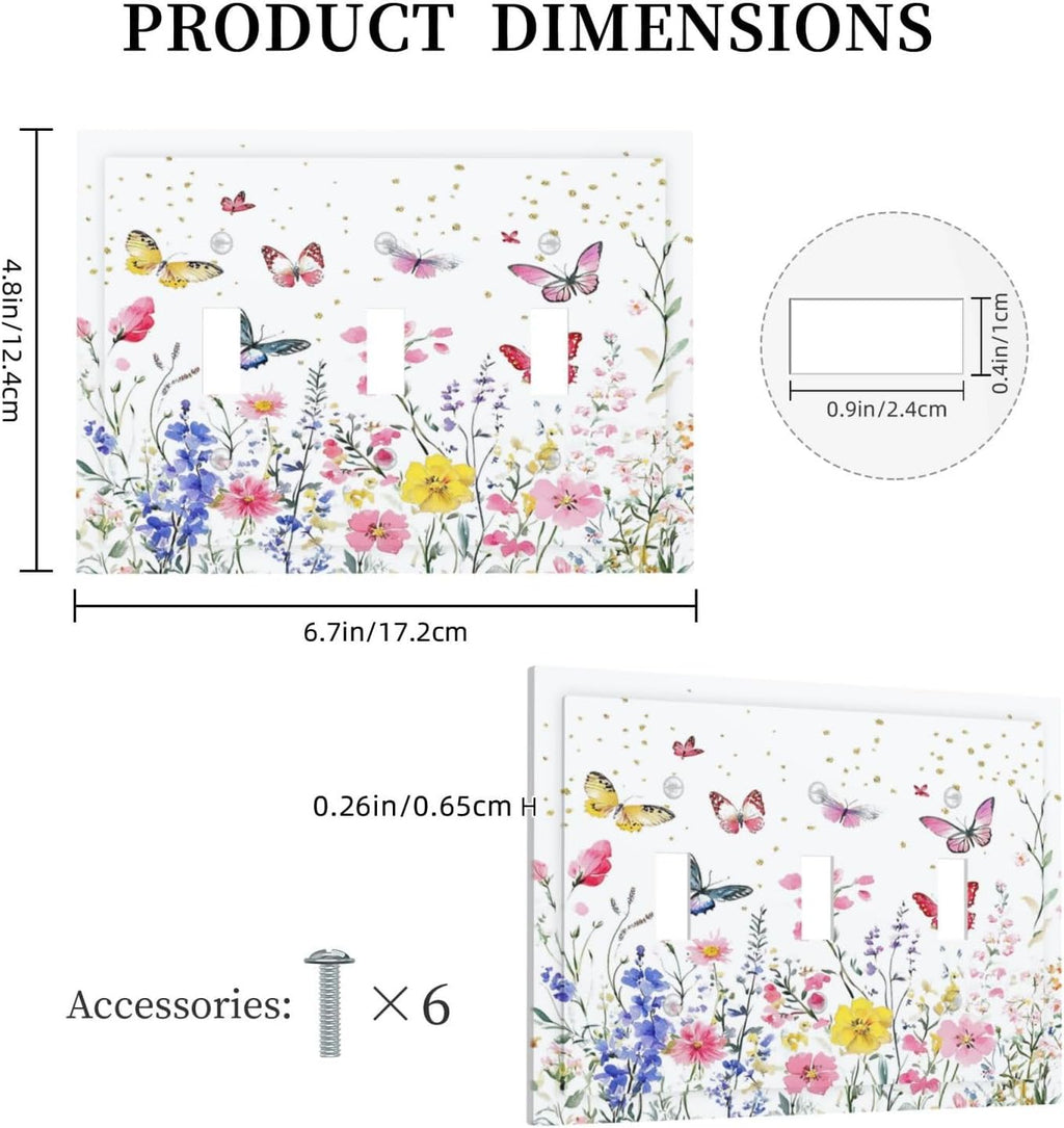 Decorative Switch Plates Watercolor Floral Butterfly Colorful Wildflower 3 Gang Wall Plate Triple Toggle Light Switch Cover Faceplate Electrical Wall Panels For Bed Room Living Room Decor