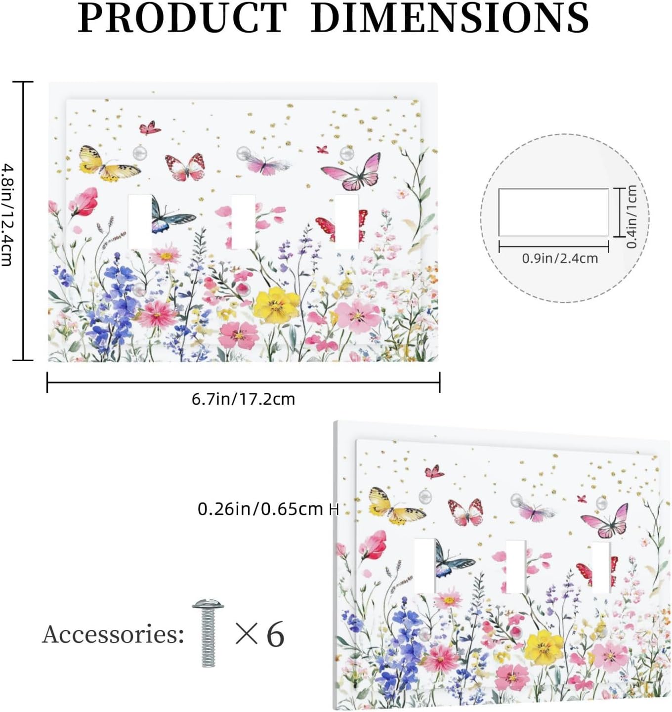 Decorative Switch Plates Watercolor Floral Butterfly Colorful Wildflower 3 Gang Wall Plate Triple Toggle Light Switch Cover Faceplate Electrical Wall Panels For Bed Room Living Room Decor