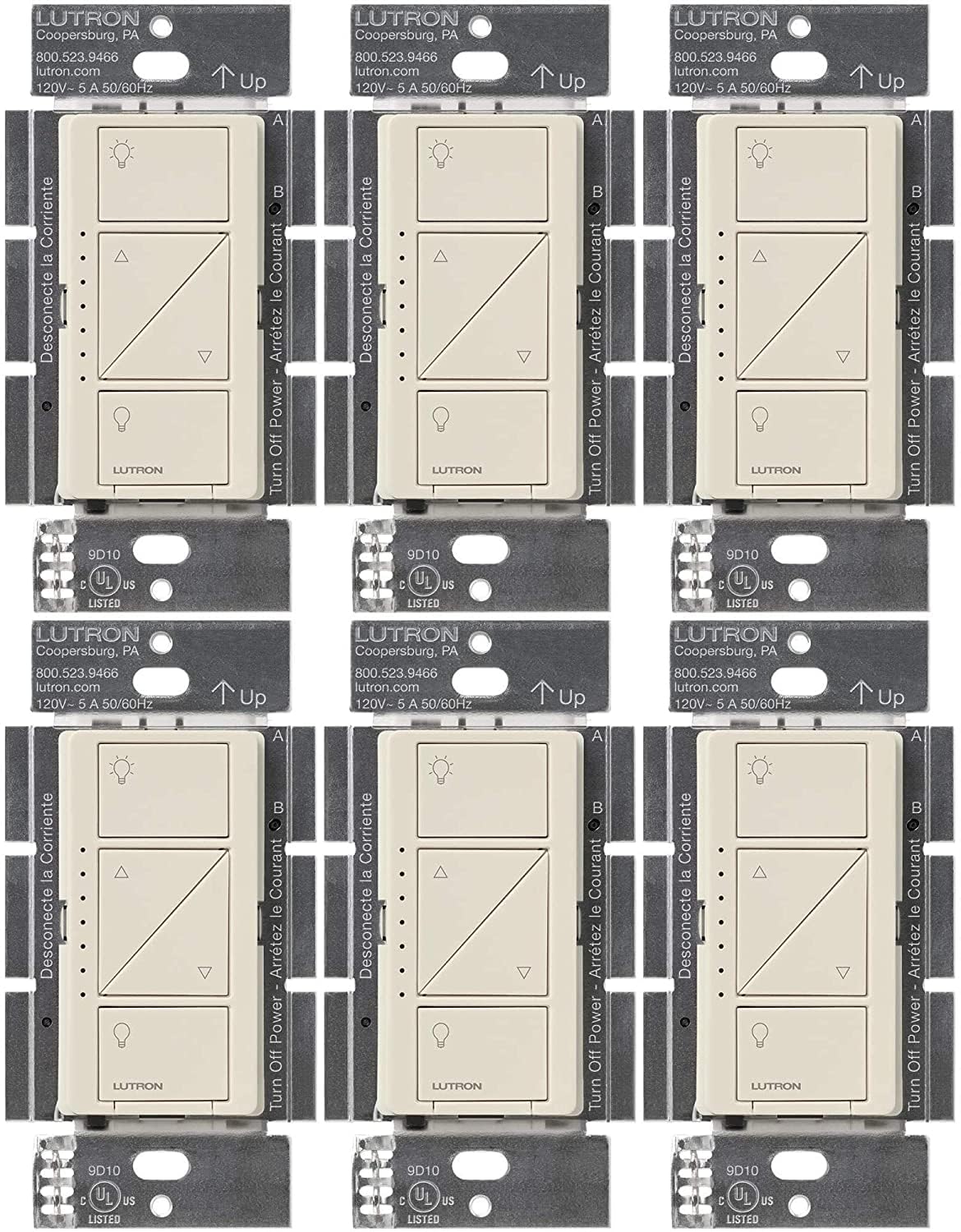 Lutron Caseta Original Smart Dimmer Switch (Lutron Smart Hub Required), for LED Lights, 150 Watt, Single-Pole/3-Way, No Neutral Required, PD-6WCL-LA, Light Almond, 6 Pack