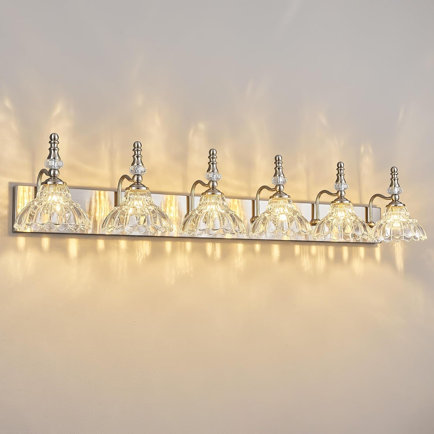 Vintage Bathroom Vanity Light, 6-Light Brushed Nickel Vanity Lighting Fixture with Flower Glass Shade, Bathroom Lighting Fixtures Over Mirror