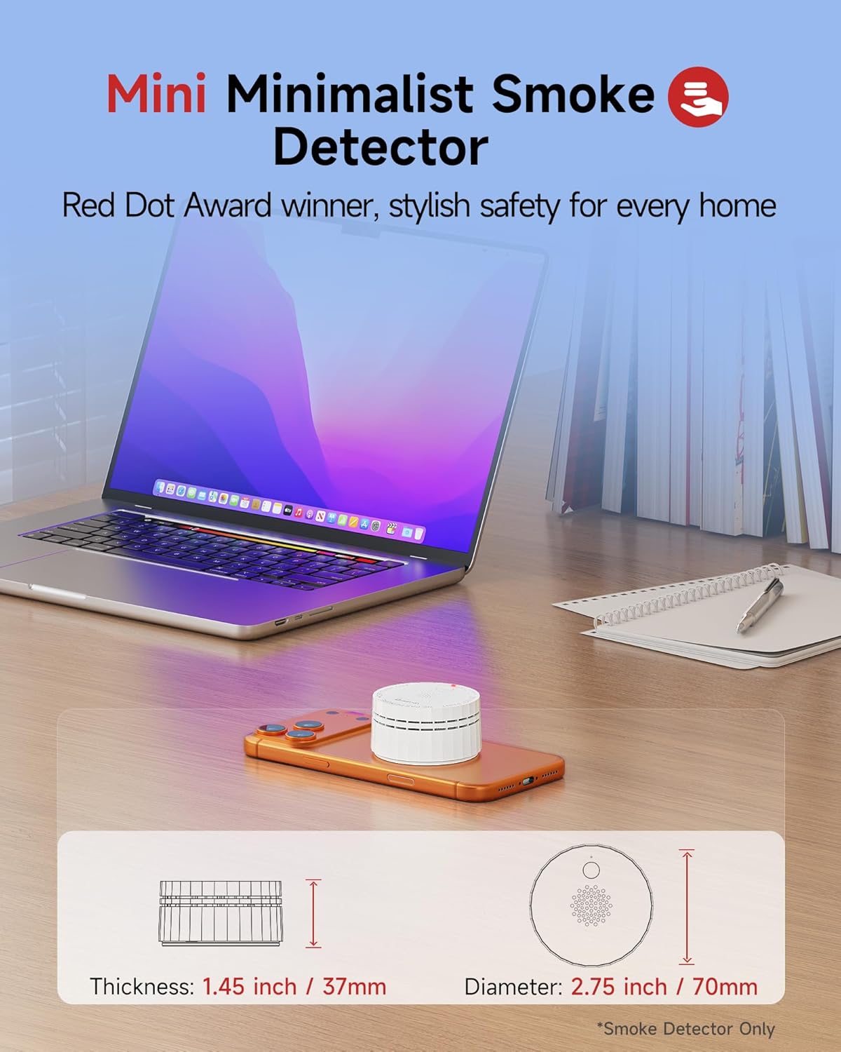 Heiman Matter Smoke Detector, Smart Photoelectric Fire Alarm, Ul217-9Th Listed, Battery Powered, Real-Time Notification, Compatible With Smartthings, Home Assistant, Mini Portable For Home, Rv, Travel