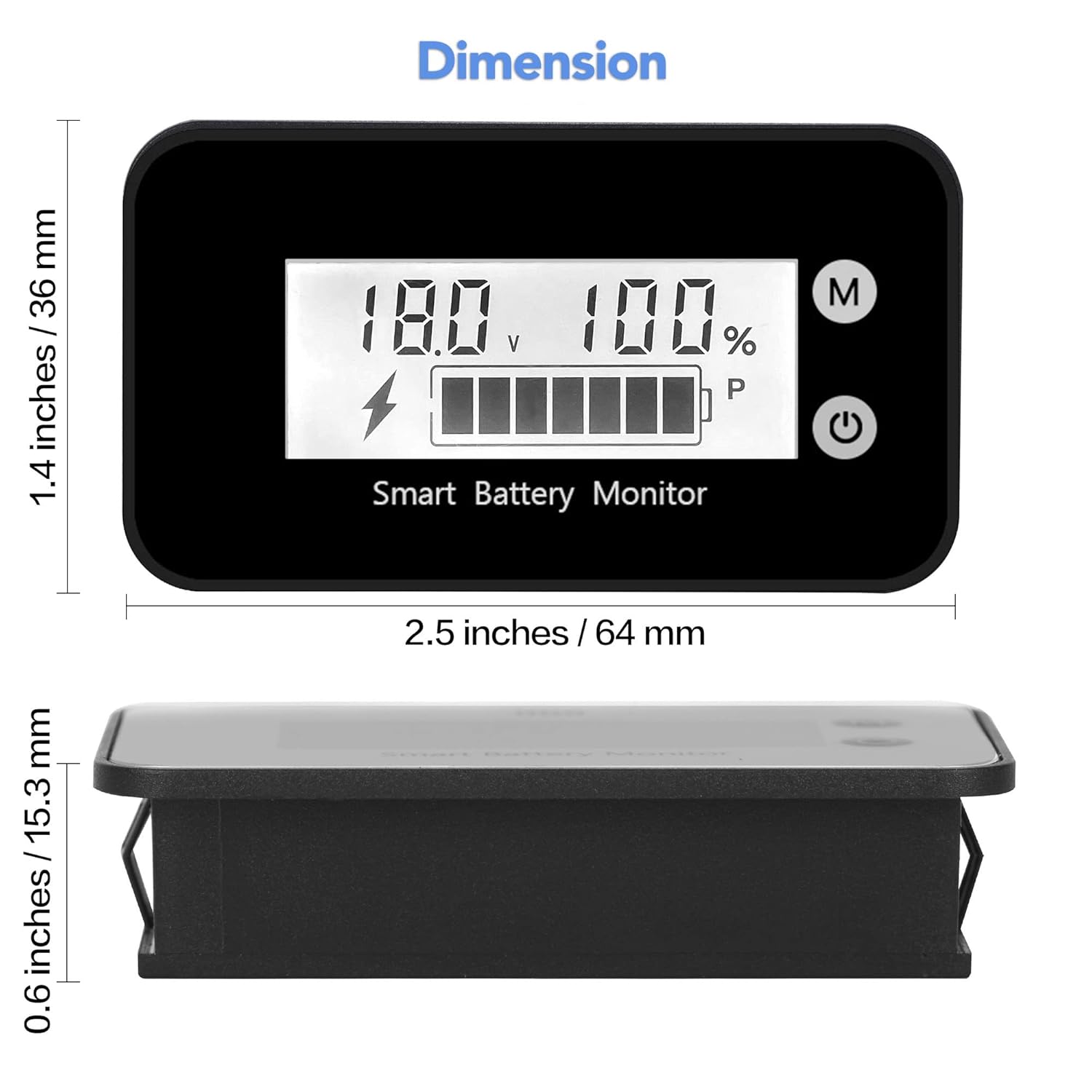 Waterproof Battery Monitor with Bracket 7-100V,Car Motorcycle Golf cart Meter Digital Battery Capacity Remaining Capacity Percentage Tester with Buzzer Alarm and Temperature (White)