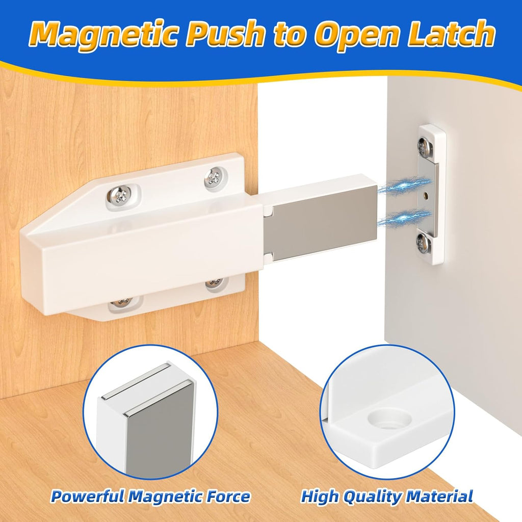 Jiayi Push Open Door Latch Push Catch Magentic Push Open Cabinet Latches Hardware for Kitchen Drawer Closer Touch Release Open for RV Door Damper, Large Push to Open Wardrobe Closure (White, 8 Pack)