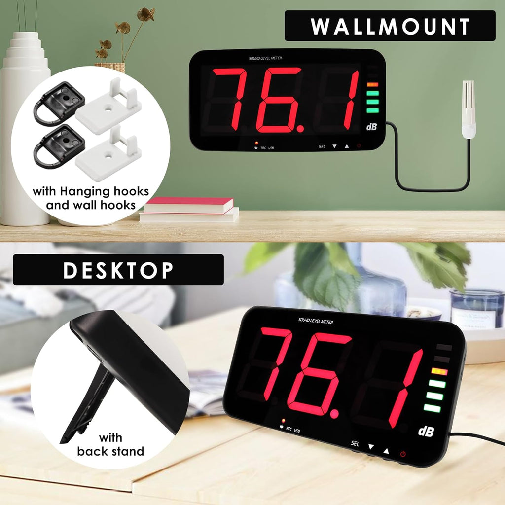 Decibel Meter Recorder 13 Inches Sound Level Meter, Wall Mount Noise Meter for Classroom Sound Meter with 16.4ft Sensor, Buzzer Alarm and Unlimited Data Logging, Noise Meter Decibel for Studio, Home