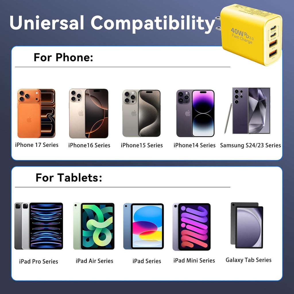 USB C Wall Fast Charger Block, 40W 4-Port Type C Chargers Fast Charging Blocks PD Power Charger Adapter+QC 3.0 USB Multiport Charger Brick for Phone 17/16/15/14/13/12 Pro Max, i-Pad, Galaxy S25-2Pack