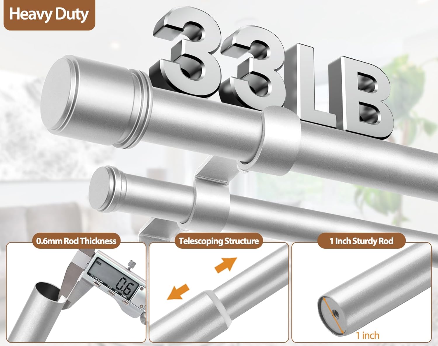 Double Curtain Rod 66 to 120 Inch, HOTOZON 1 Inch Heavy Duty Double Curtain Rods for Windows 54 to 116 Inches(4.5-9.6 ft), Telescoping Drapery Rod with Simple End Finials, Silver