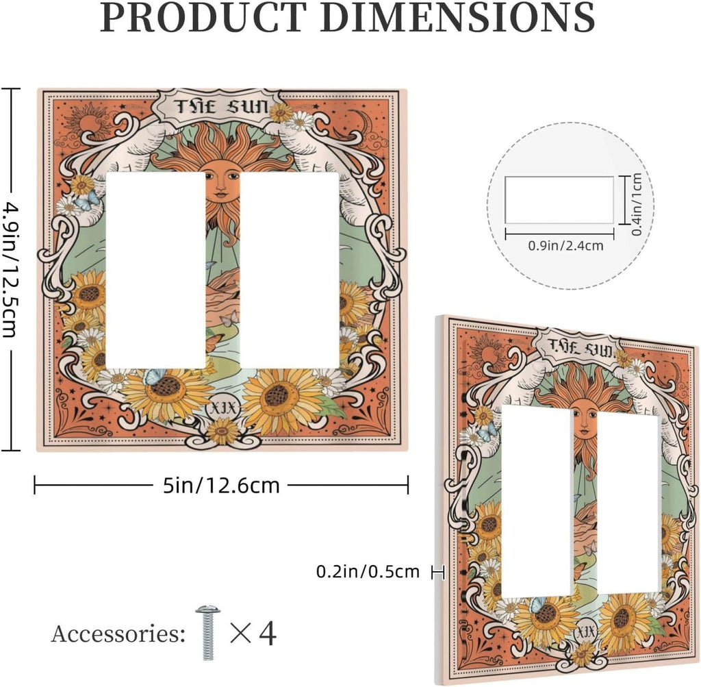 Boho Retro Sun Sunflower Vintage Flower Butterfly Decorative Outlet Covers 2 Gang Double GFCI Rocker Electrical Wall Panels Light Switch Cover Plate for Farmhouse Home Decor