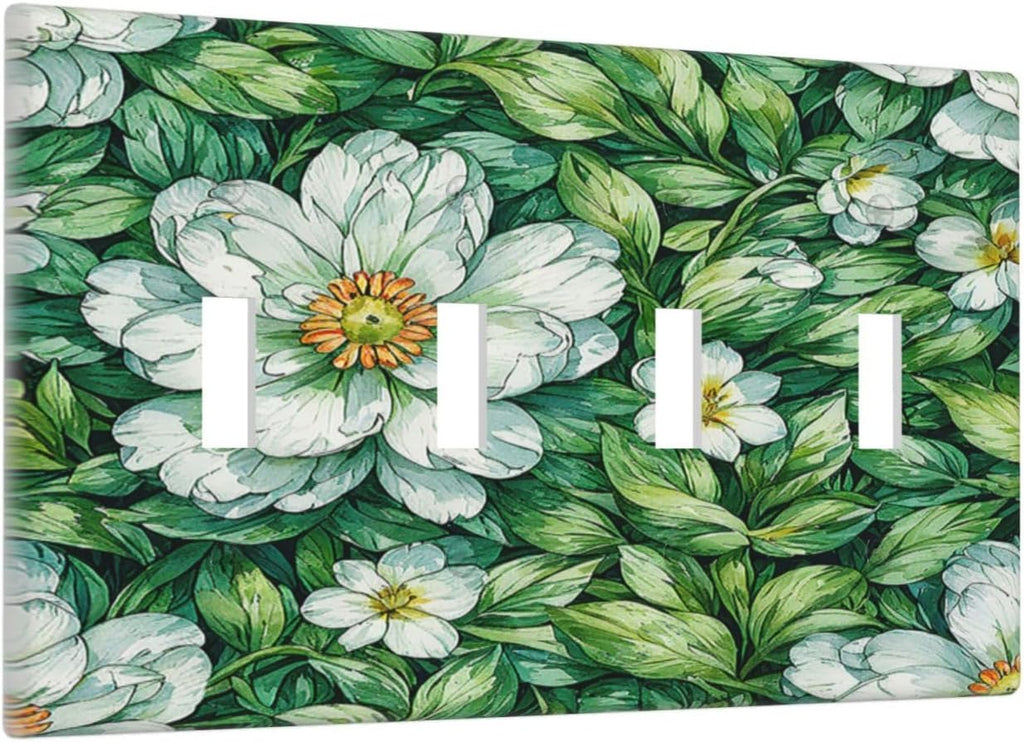 Vintage Floral White Flowers Green Plants Leaves Light Switch Covers Quad Toggle 4 Gang Wall Plate Decorative Switch Plates Electrical Faceplate for Bedroom Bathroom Decor
