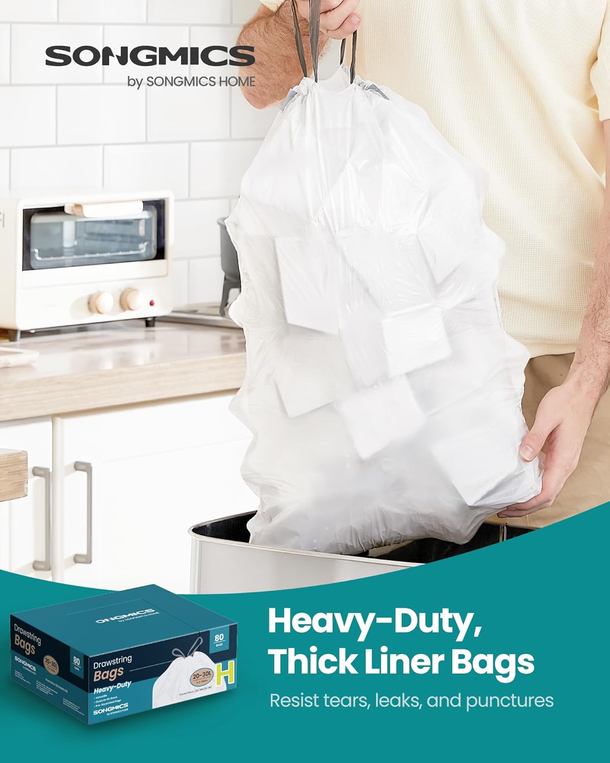 SONGMICS Trash Bags for 8-Gallon (30 L) Trash Cans, Drawstring Kitchen Garbage Bags, Pre-Separated, Quick-Dispense Box, Liner Code H, 2 Rolls, 80 Count, White UKRB031A02