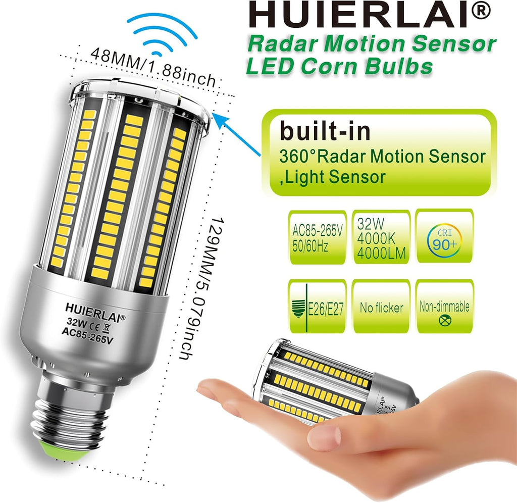 A19 Radar Motion Sensor LED Light Bulbs, E26 32W Cool White 4000K 4000LM (300W Equivalent) Auto Motion Smart Activated Dusk to Dawn Light for Stairway, Hallway, Porch, Garage, Driveway, Patio, 2 Pack