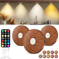 Puck lights with remote, 2000mAh rechargeable cabinet light, Under Cabinet Lighting Wireless, Display Cabinet, Dimmable Magnetic Stick-On Shelf , push lights battery operated，(Wood Color, 3 Pcs)