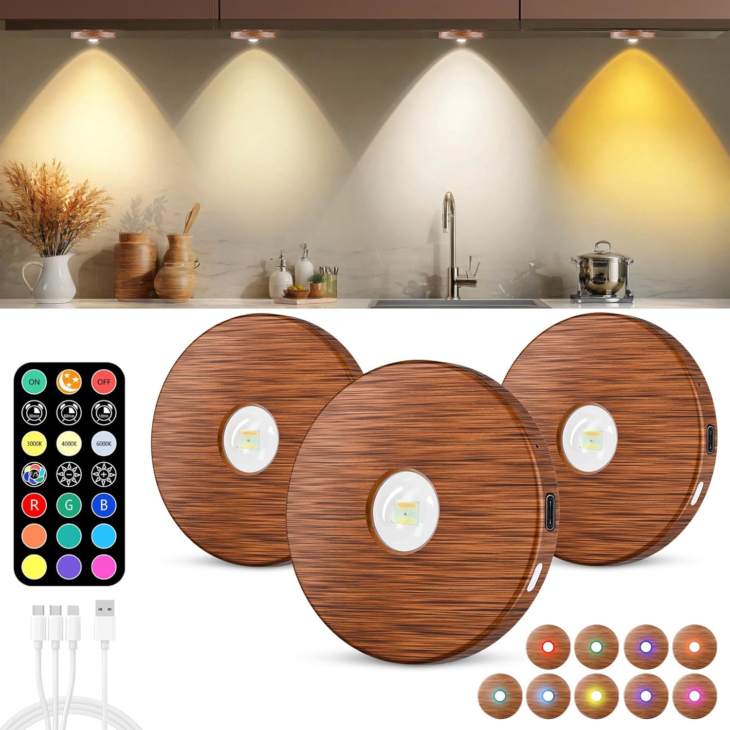 Puck lights with remote, 2000mAh rechargeable cabinet light, Under Cabinet Lighting Wireless, Display Cabinet, Dimmable Magnetic Stick-On Shelf , push lights battery operated，(Wood Color, 3 Pcs)