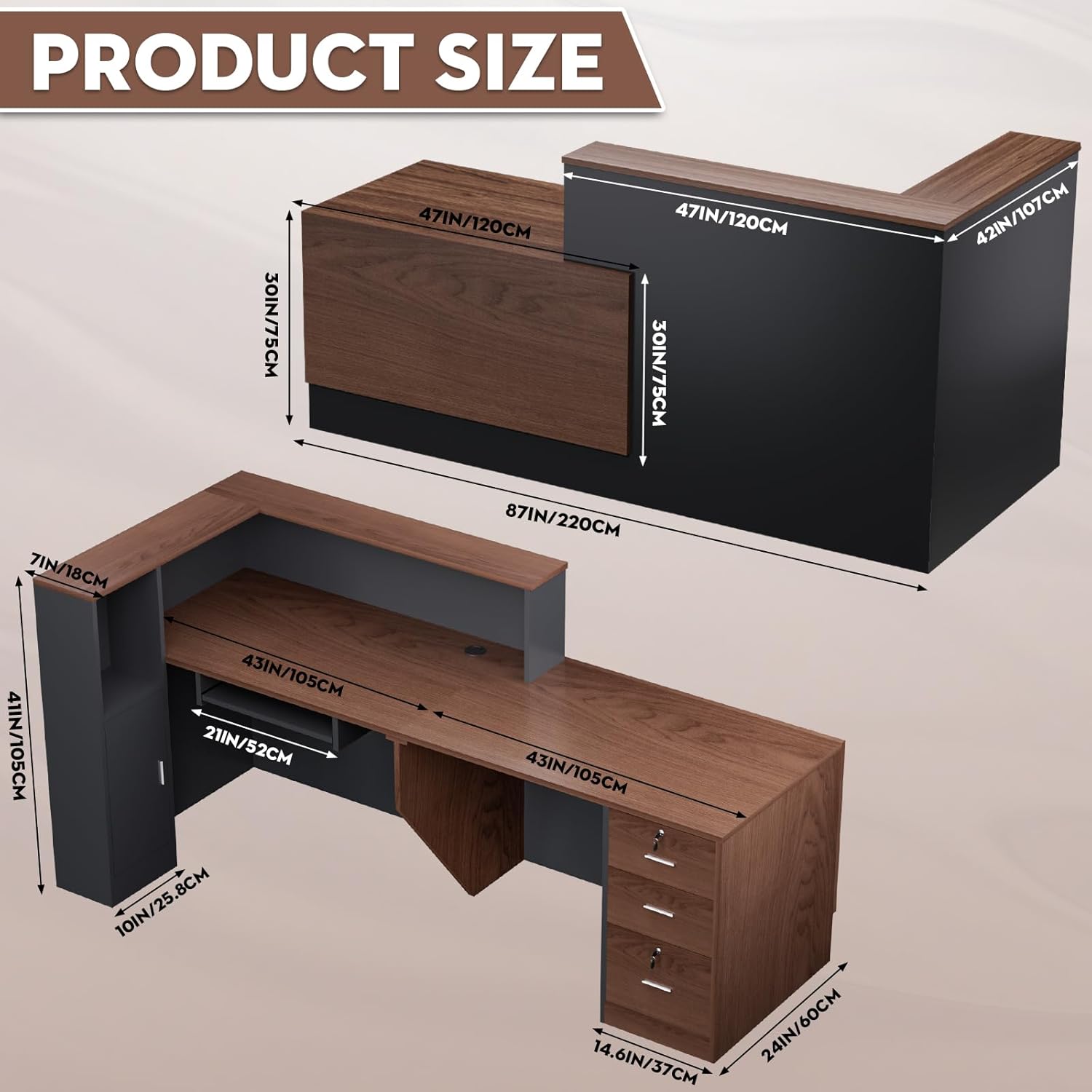 L-Shaped Modern Reception Desk with Counter & Storage - 84" Large Office Front Desk, Salon Checkout Counter with Lockable Cabinets, Shelves (Brown & Black, Right - 84''L x 34''W x 41''H)