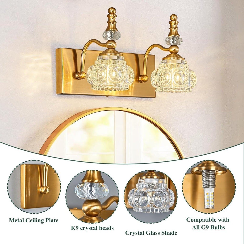 Modern Glass Crystal Vanity Light - Vintage Bathroom Lighting Fixtures Over Mirror, 2 Light Vanity Lights G9 Bulb (11.81 Inch, Gold)