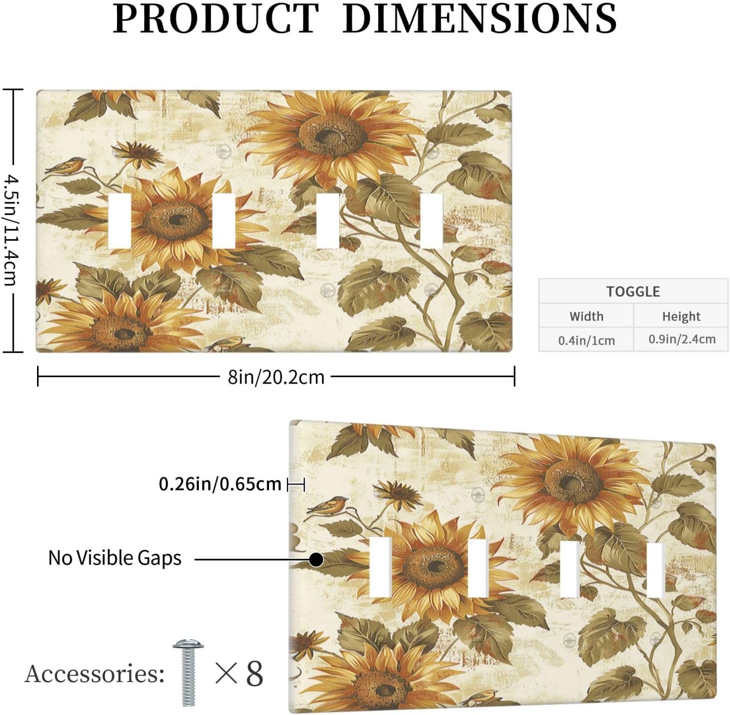 Light Switch Covers Rustic Sunflower Floral Pattern Quad Toggle Electrical Faceplate 4 Gang Wall Plate Decorative Switch Plates for Bedroom Cabin Decor