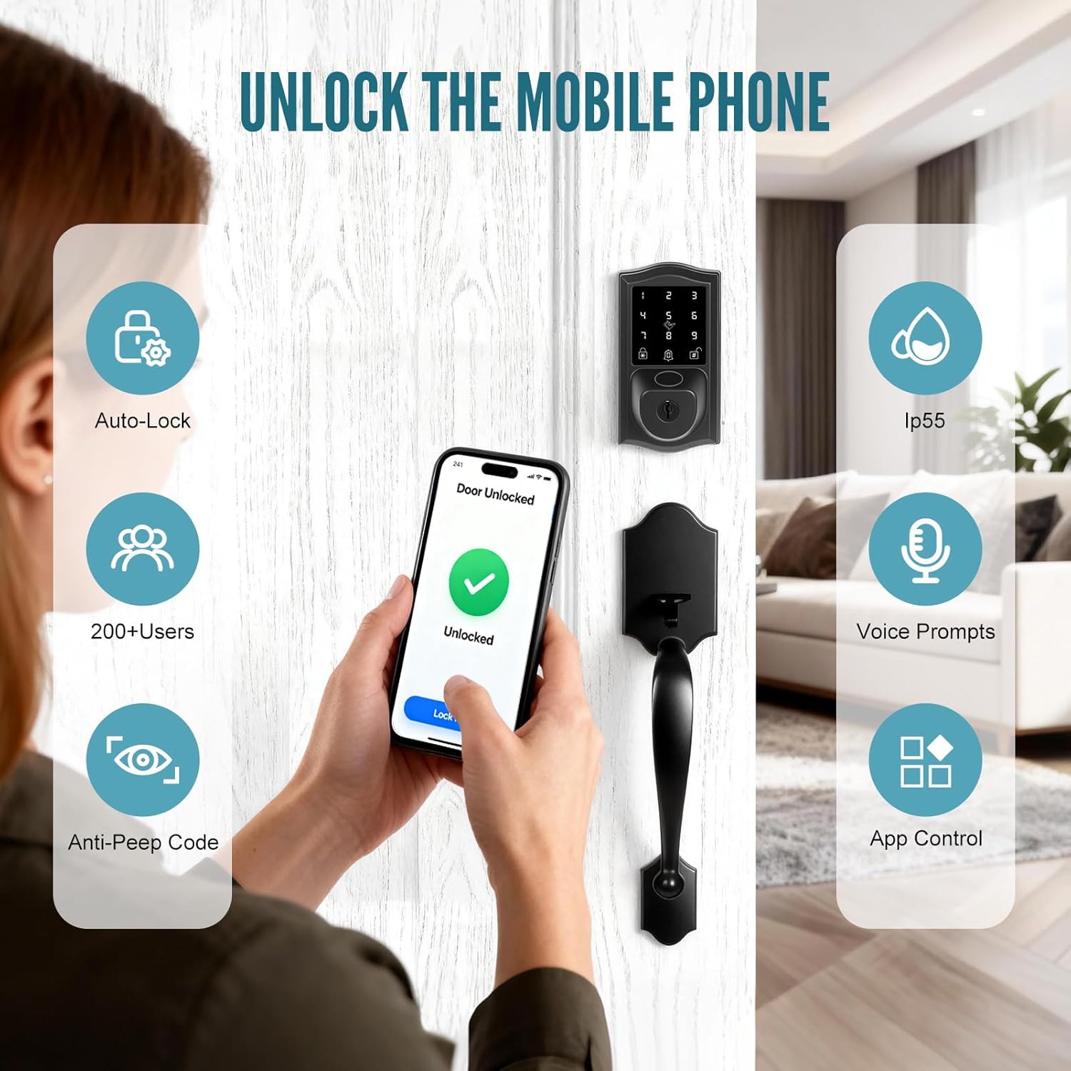 Smart Deadbolt Fingerprint Door Lock with Handle, App Control, Touchscreen Keypad Keyless Entry Door Lock Set with Doorbell, Voice Prompts, Auto Lock, 300+ User Capacity, Matte Black