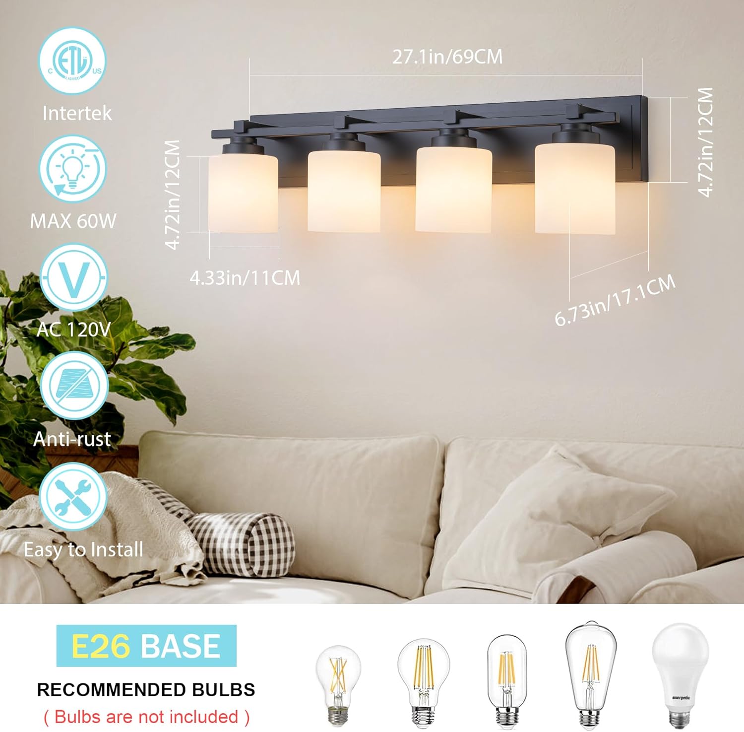 4 Light Modern Bathroom Light Fixtures Over Mirror, Black Vanity Lights for Bathroom Wall Sconces with Milky White Glass Shades, E26 Socket (Bulbs Not Included)