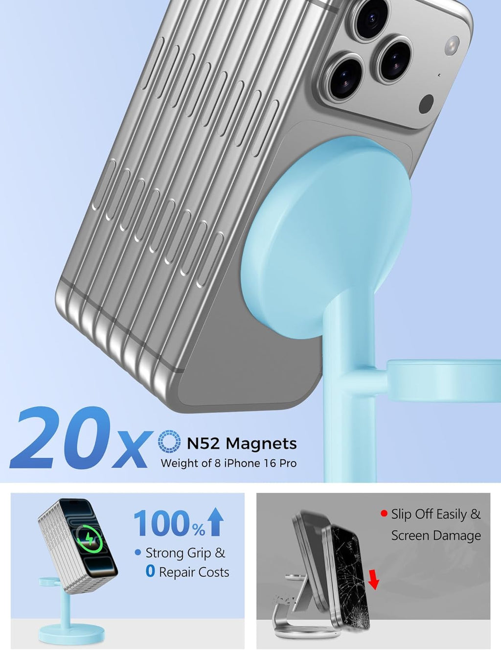 2025 3 in 1 Wireless Charging Station Compatible with MagSafe, 15W Fast Magnetic Mag-Safe Charger Stand for Apple iPhone 17 16 15 14 13 12 Series iWatch AirPods Pro 4 3 2, Iceblue