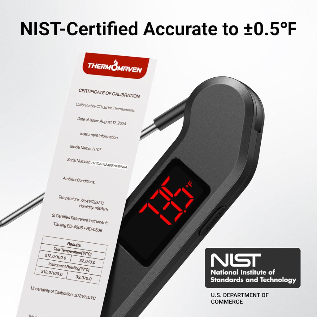 Professional Digital Meat Thermometer, 1 Sec Instant Read, ±0.5℉ Accuracy NIST&NSF Certified Food Thermometer, Auto-Rotate Bright LED Screen, Highly Waterproof Cooking Thermometer for Grill BBQ, Black