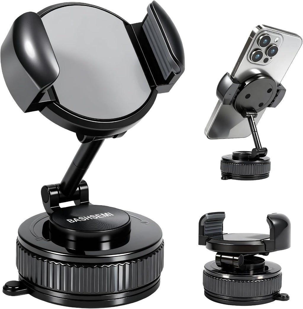 Windshield & Dashboard Rotate-Lock Phone Mount – 360° Rotate Folding Car Phone Holder with Strong Suction Base & Adjustable Arm for Smartphone