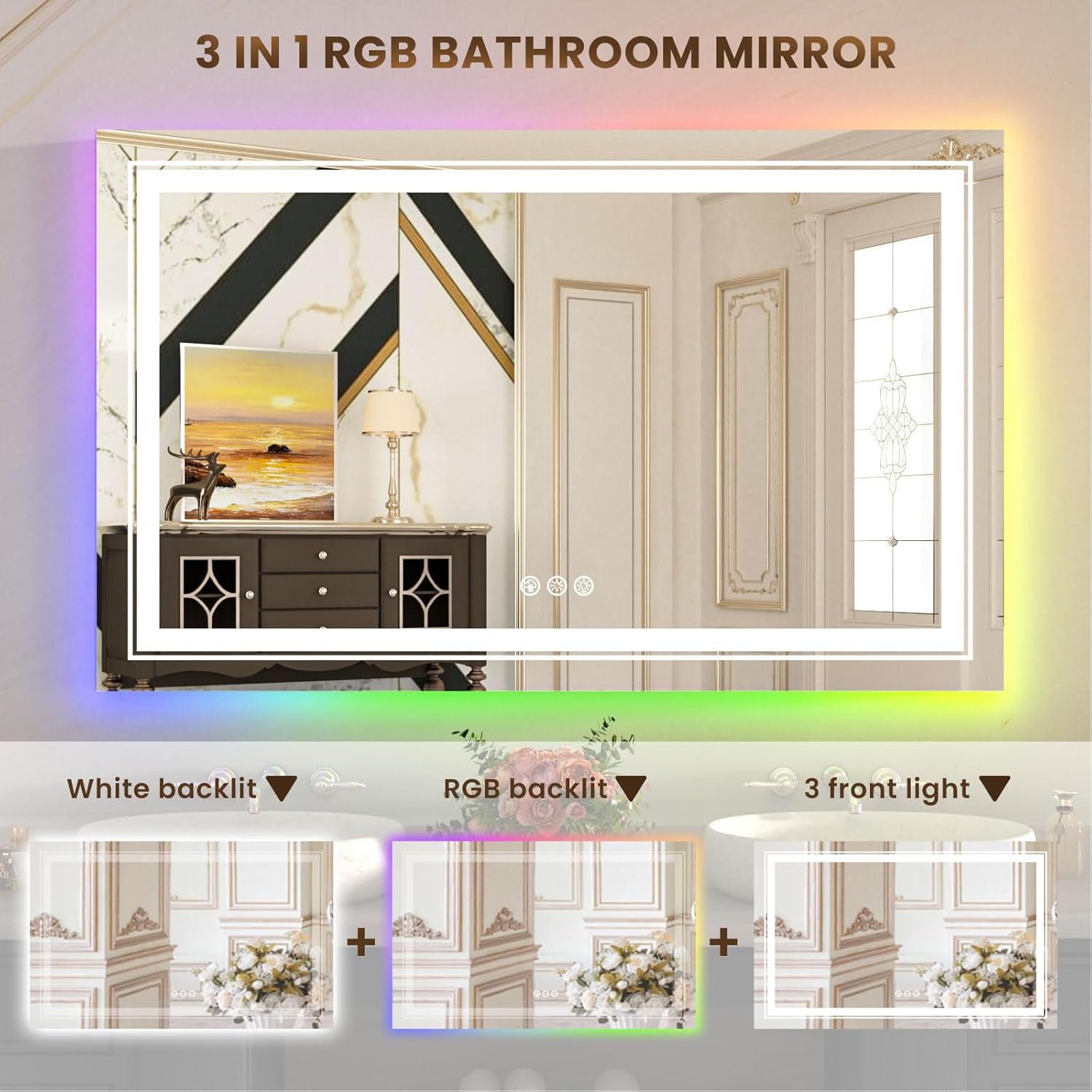 WTTY LED Bathroom Mirror 48"x40" with RGB Backlit and Front Light,Stepless Dimmable LED Mirror for Bathroom,Colored Lighted Bathroom Vanity Mirror,Anti-Fog,Memory Function,Shatter-Proof