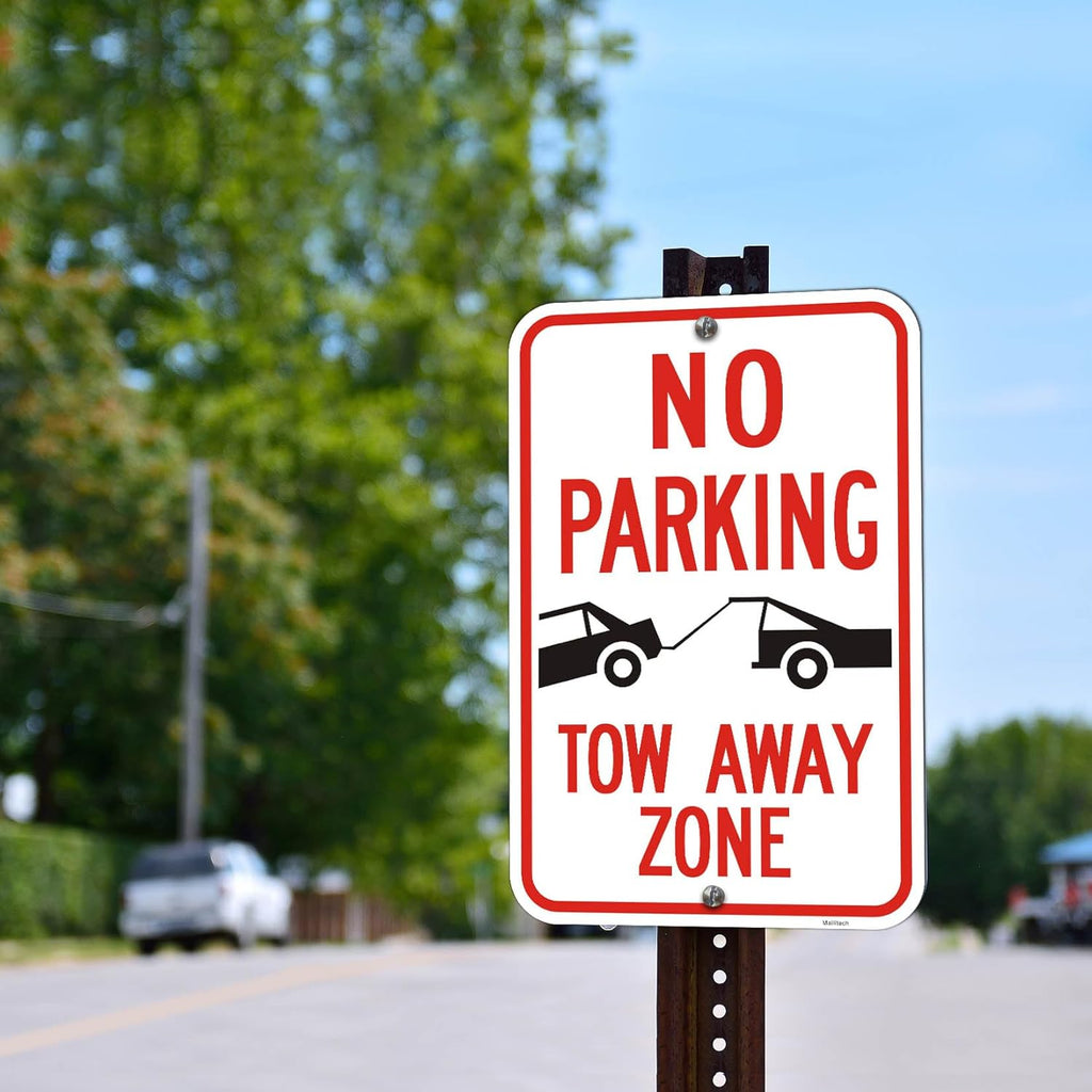 Large (4 Pack) No Parking Symbol Tow Away Zone Sign, 12x18 Inches Engineer Grade Reflective Rust Free Aluminum, 2 Pre-Drilled Holes Easy to Mount