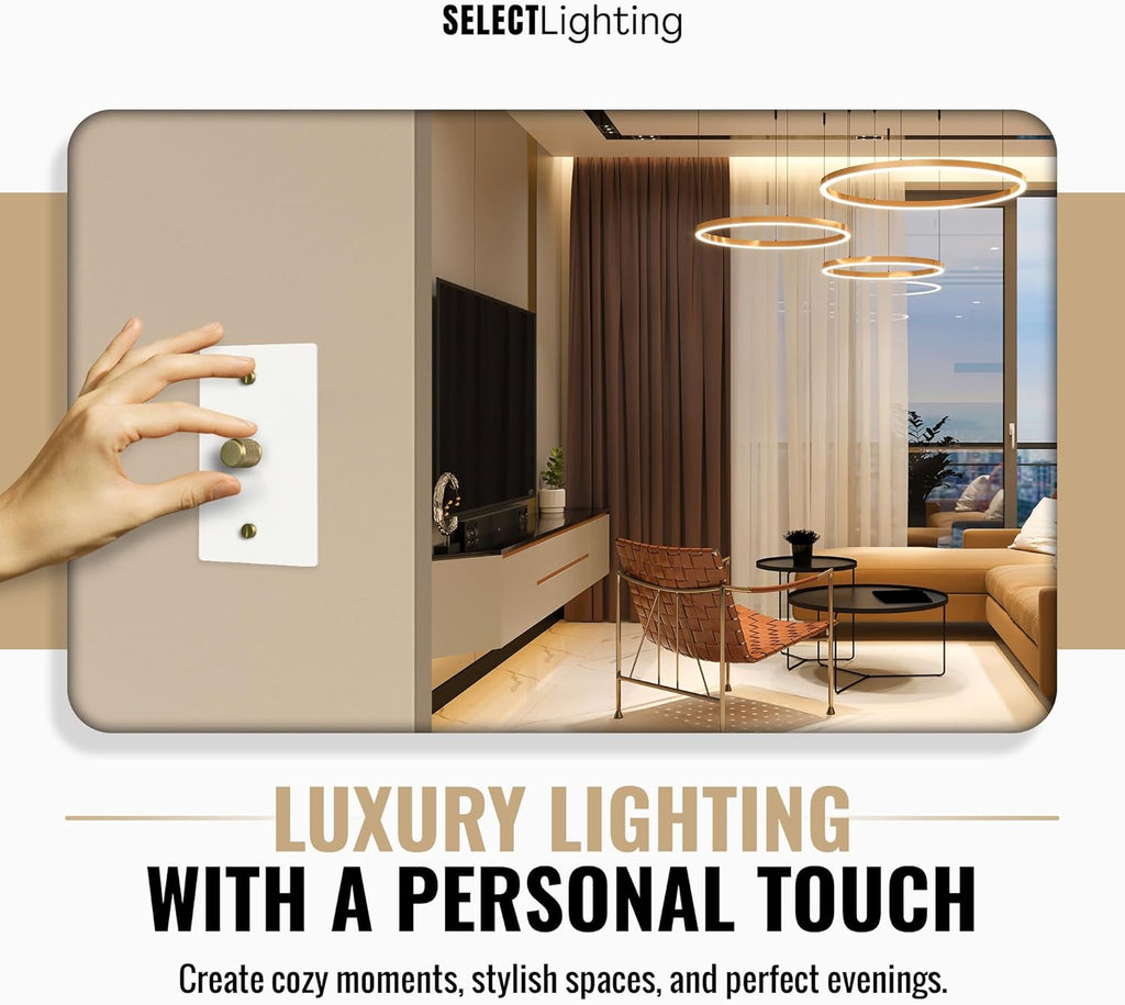 SELECT White Brass Dimmer Light Switch, 1 Way Rotary Dimmer, 1 Gang TRIAC/Leading Edge Dimmable LED Light Switch, 15A 120V AC with Brass Knob, Faceplate & Dimming Module, UL Listed
